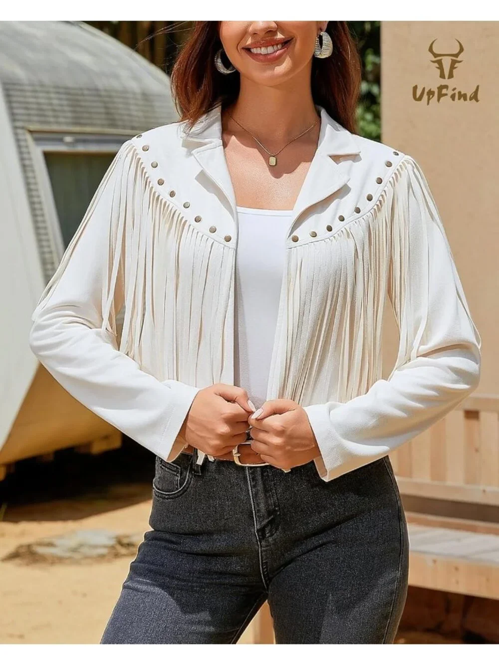 Women's Beige Fringe Faux Suede Leather Jackets Fashion Fall Western Tassel Coat